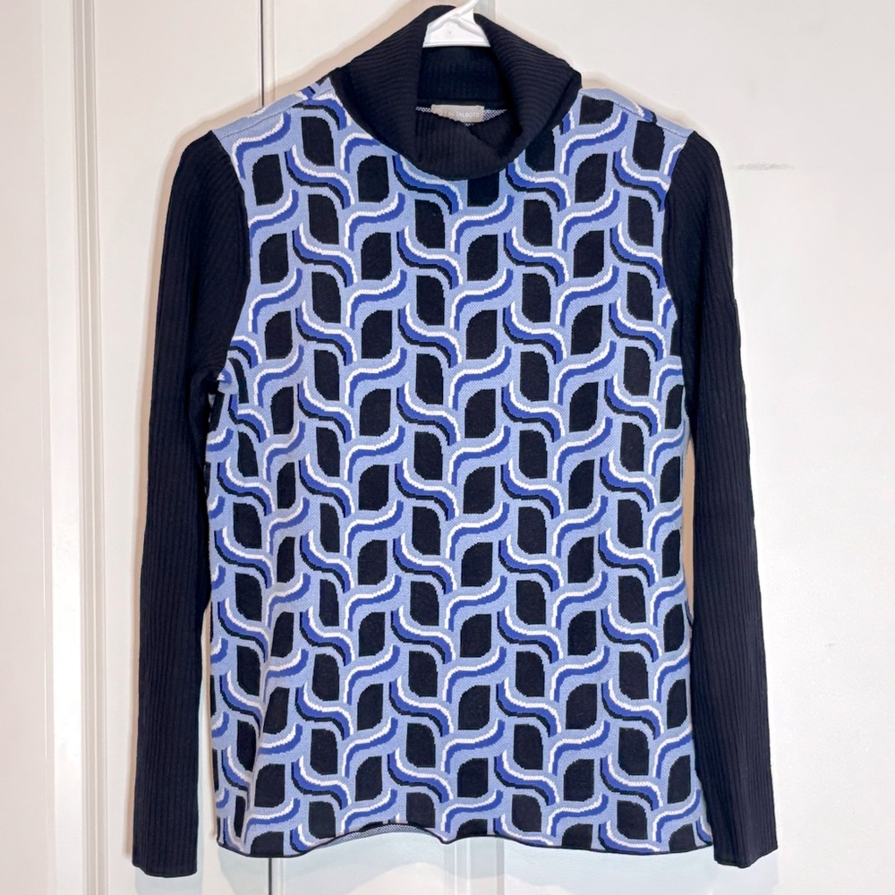 T by Talbots Blue Navy Print Ribbed Sleeve Turtleneck Sweater S Petite
